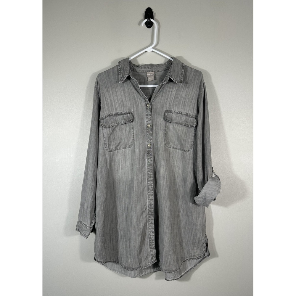 Chicos Top Womens 3 16/18 Gray Tunic Chambray Lyocell Button Front Roll Tab Boho